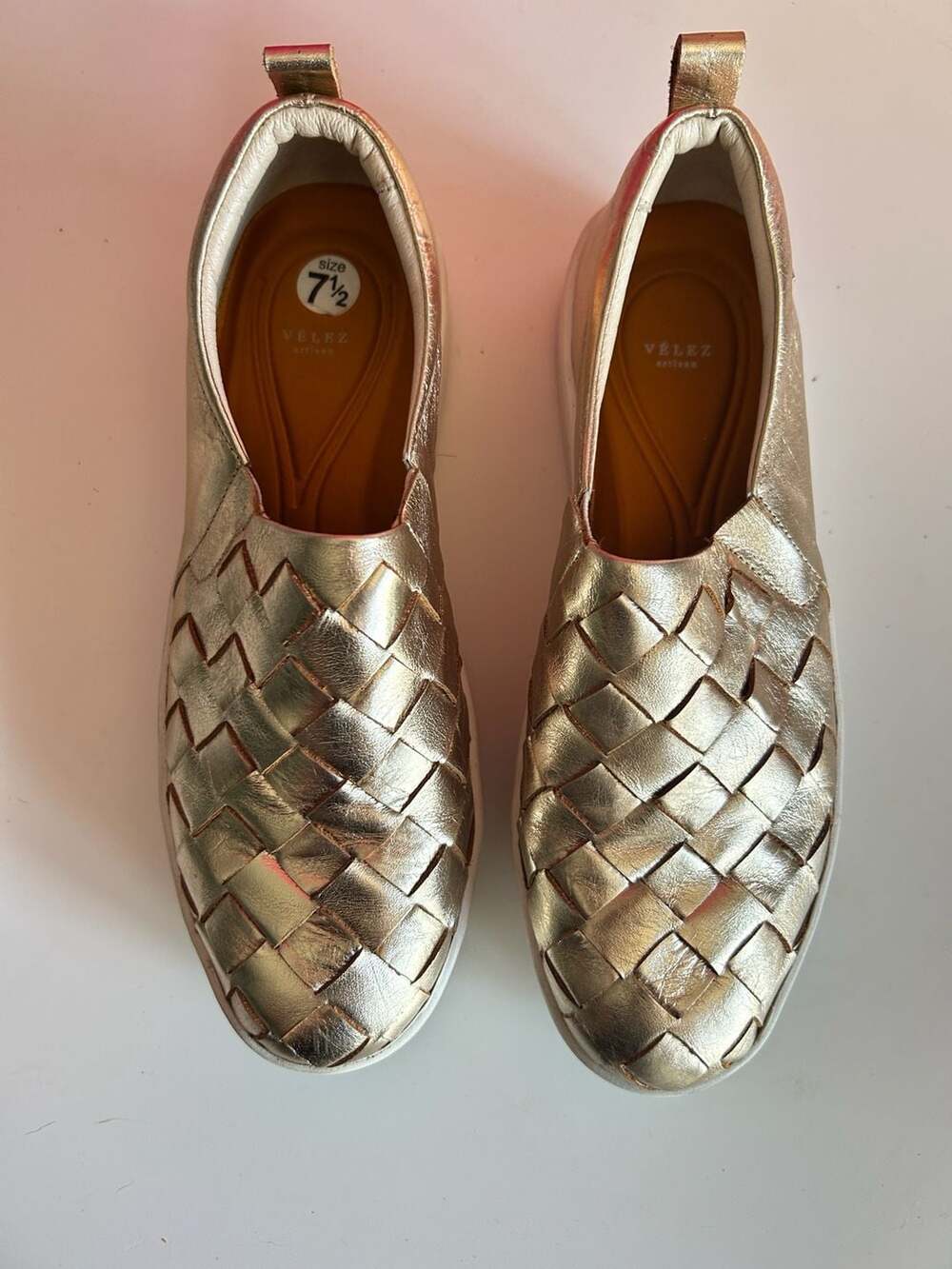 Velez Artisan Gold Metallic Woven Leather Slip-On Platform Sneakers